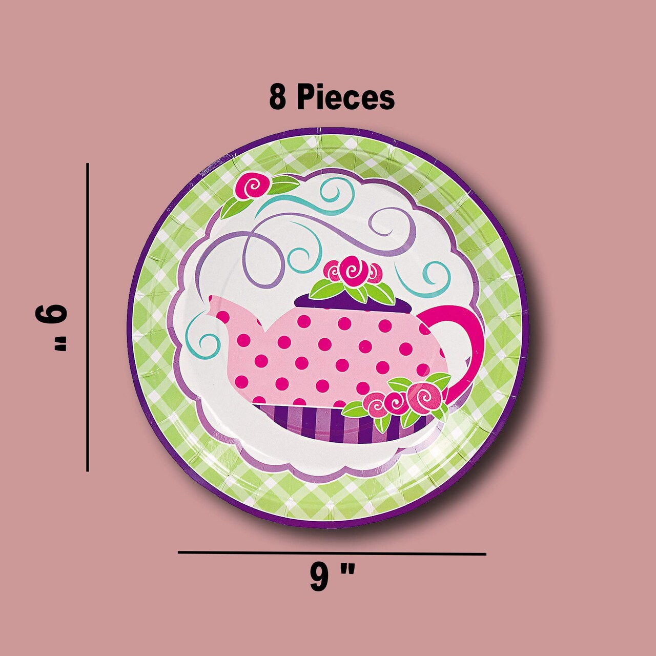 8 Count Green Gingham Tea Party Paper Dinner Plates 9" Disposable Plates for Birthday & Party Celebrations